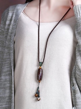 小众设计毛衣链长款复古天珠吊坠女简约百搭挂件配饰民族风项链冬