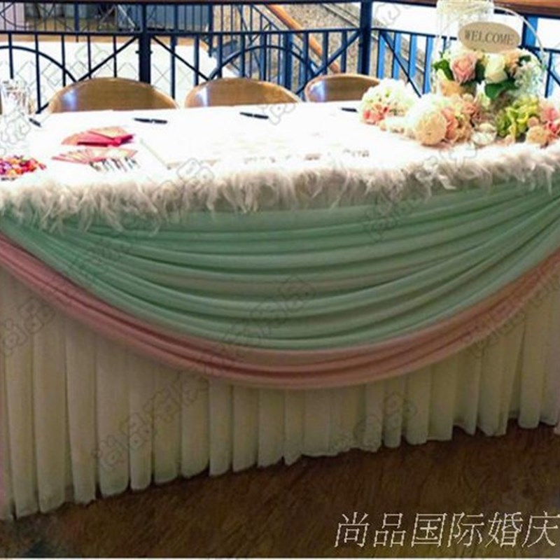 婚庆迎宾签到台桌布婚宴纱幔桌子帷幔婚礼桌围裙背景纱幔定做布置