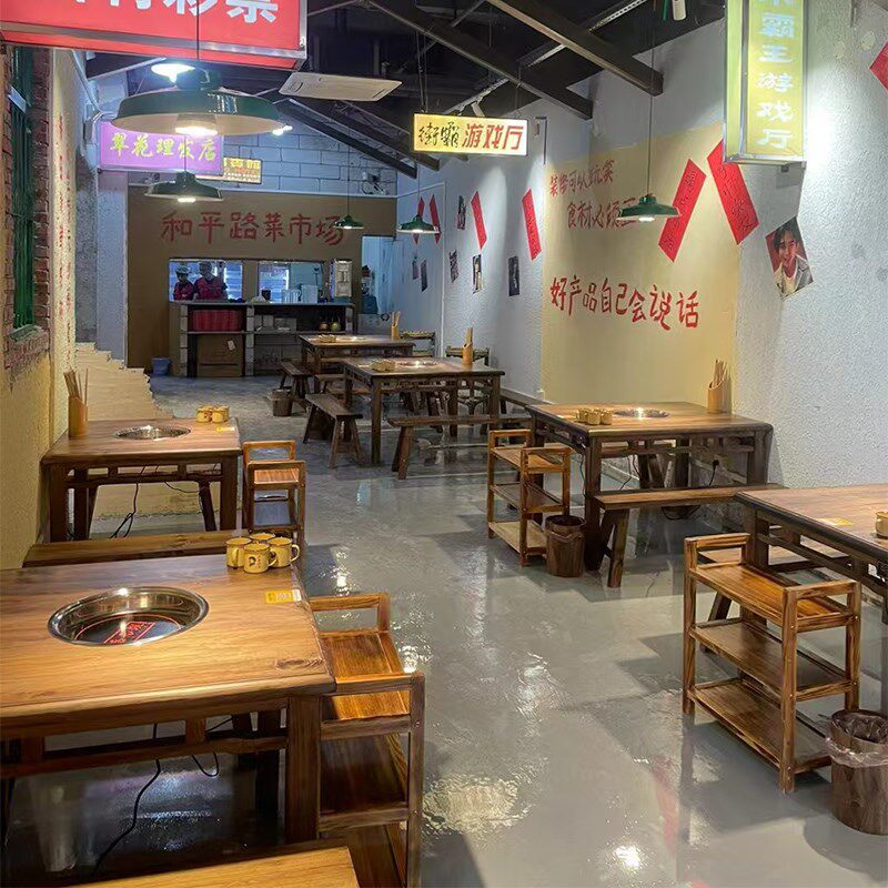 复古八仙桌火锅桌市井风实木桌凳火锅店做旧桌子电磁炉地摊大排档