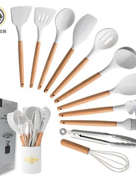 大理石纹白色木柄硅胶厨具套装烹饪工具11件套不粘锅kitchen set