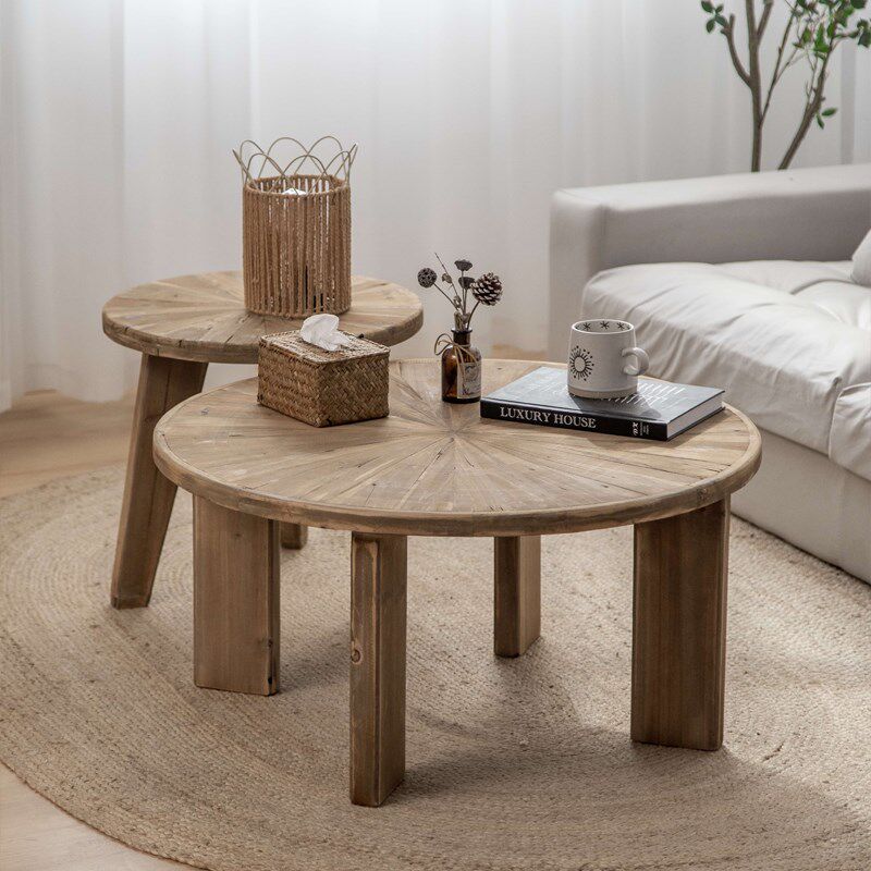 旧松木圆桌茶几复古做旧实木侘寂民宿咖啡厅客厅自然风化纹理茶台