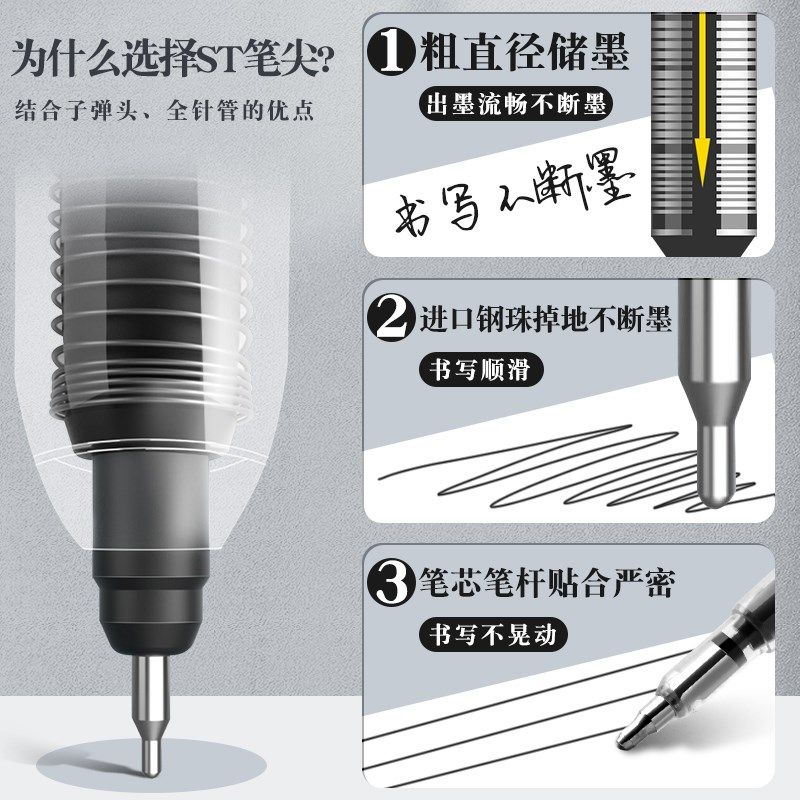 st笔芯按动笔速干大容量中刷题笔芯0.5mm黑色黑笔按动式性笔芯替