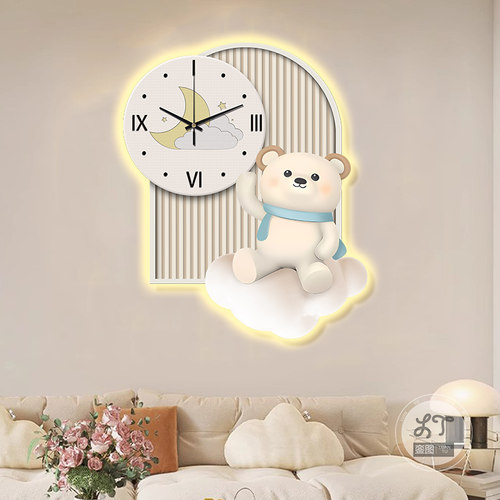 卡通熊钟表画儿童房卧室床头画饭厅挂画时钟挂钟带灯发光画LED灯