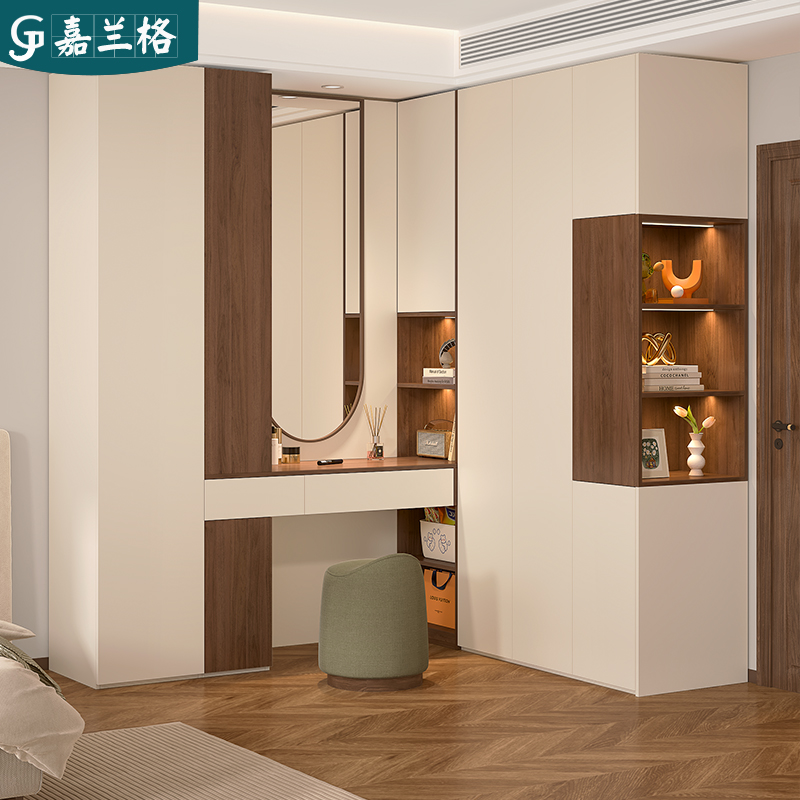 奶油中古风转角衣柜梳妆台一体组合家用卧室L拐角衣柜连书桌9A49