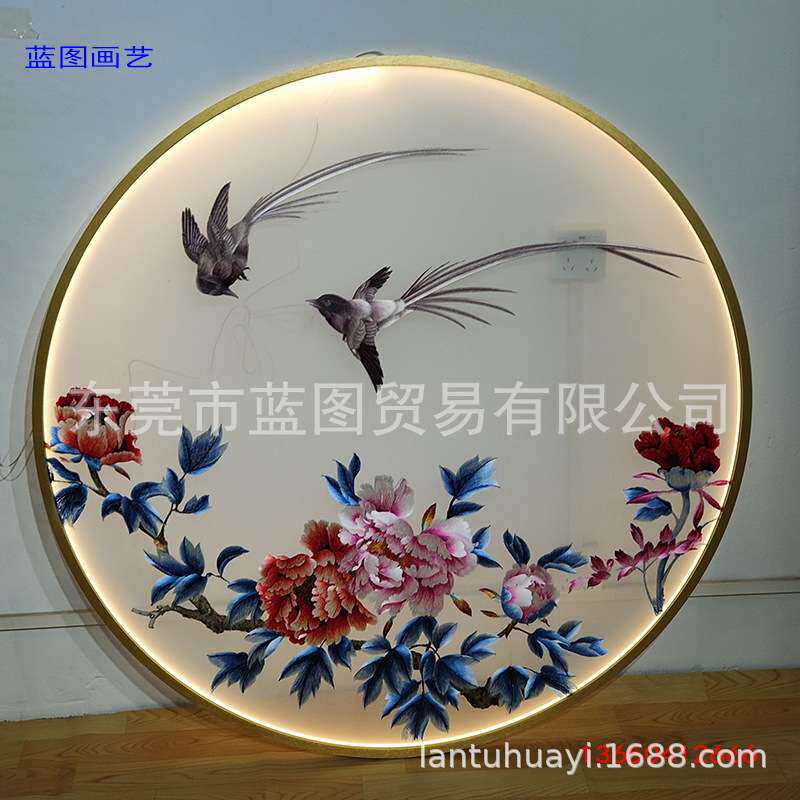 圆形发光框双面苏湘机器刺绣半透明纱布画心屏风隔断玄关宝贵牡丹