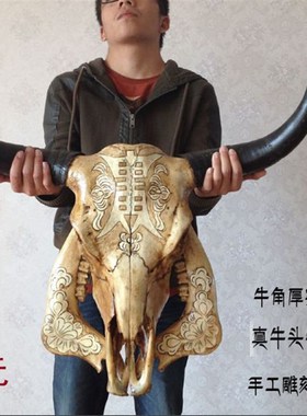 牦牛头骨工艺品 天然真牛头装饰品羊头骨标本特色手工艺牛头墙挂