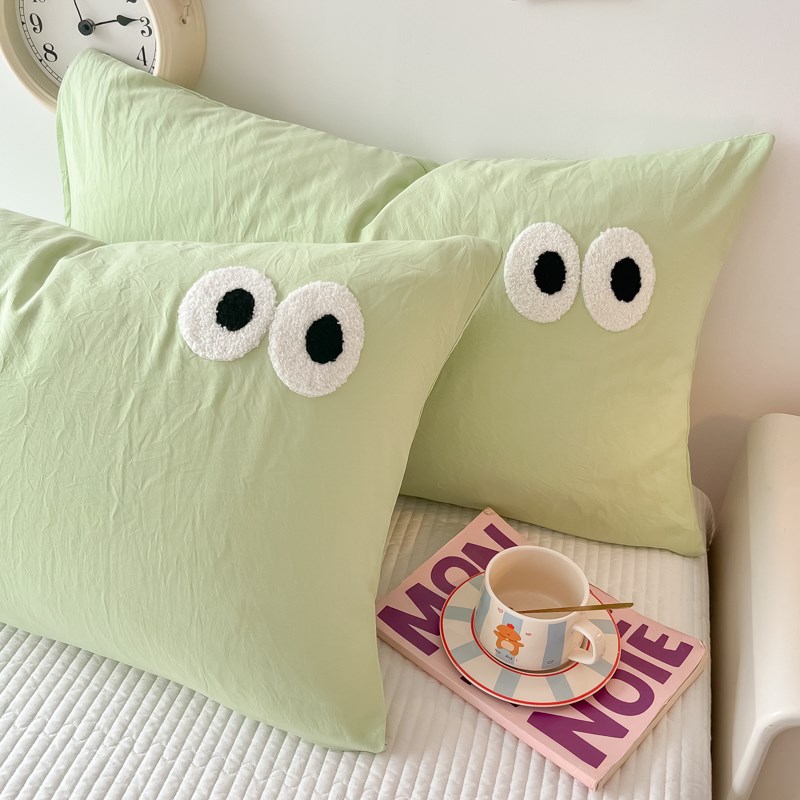 萌趣毛巾绣大眼睛水洗棉枕头套一对装48x74cm单人枕芯内胆套2个装