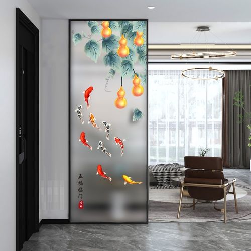 简约现代定制钢化艺术玻璃屏风隔断客厅遮挡入户门玄关磨砂九鱼图