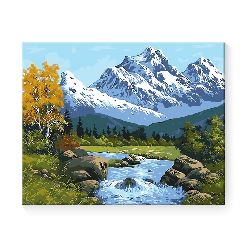 数字油画风景雪山映湖填图画手工diy画画填色油彩画装饰画客厅
