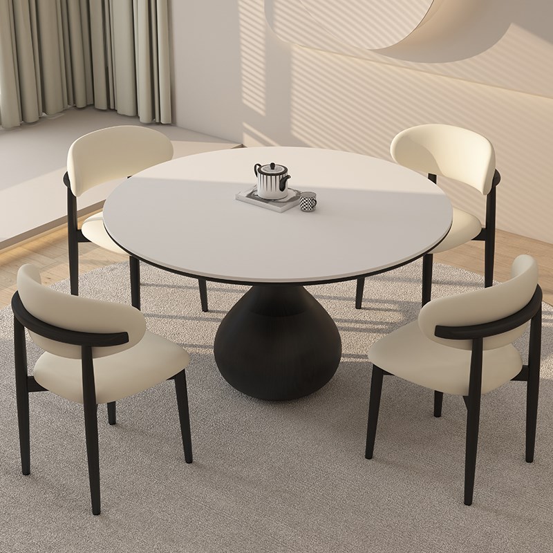 德利丰实木岩板餐桌圆形家用小户型侘寂奶油风黑色高端全托圆桌子