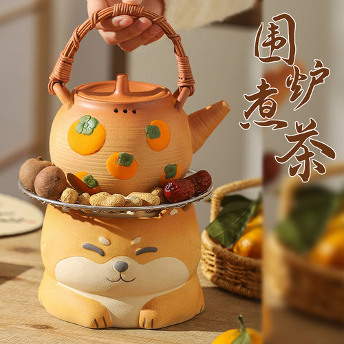 围炉煮茶龙猫炭炉可干烧粗陶加厚防烫提梁壶家用电炭两用小型泡茶