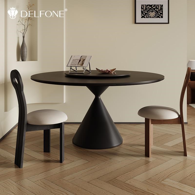 德利丰岩板圆餐桌全托底板带转盘设计师意式极简黑色飞碟吃饭桌子