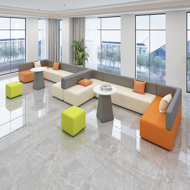 图书馆艺术培训机构学校大厅休息区异形布艺办公室沙发凳茶几组合