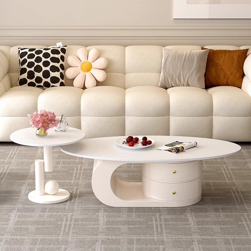 奶油风创意茶几客厅新款家用小户型现代简约极简岩板茶桌椭圆2024