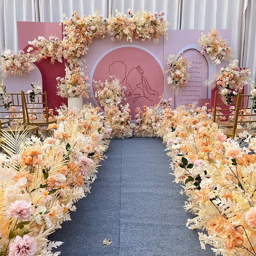 香槟色婚庆花艺花排婚礼布置排花路引花背景舞台迎宾区装饰假花