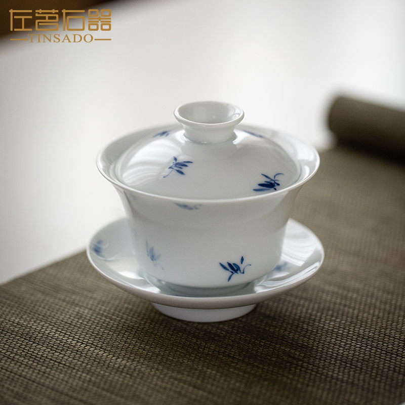 左茗右器纯手绘蝴蝶兰三才盖碗陶瓷茶碗单个不烫手家用泡茶杯子