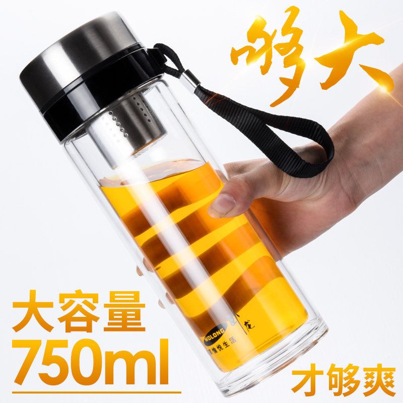 卧龙单层玻璃杯男大容量钢化防摔双层加厚水杯带提绳泡茶杯子口杯