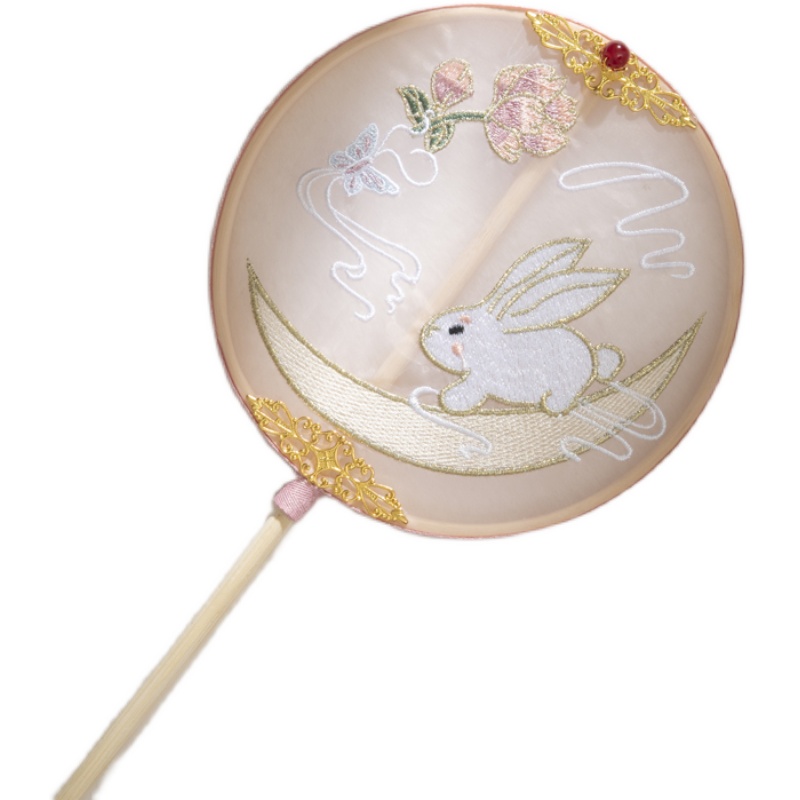 纯手工团扇刺绣古风长柄女童汉服配饰扇子宫廷古典扇拍摄道具舞蹈