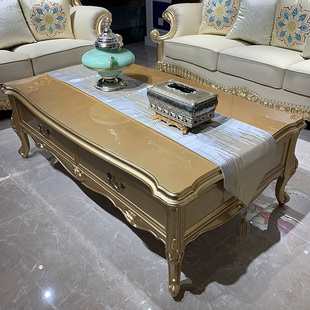 欧式 茶几电视柜组合简小户型实木雕花香槟色茶几角几组合1.45米