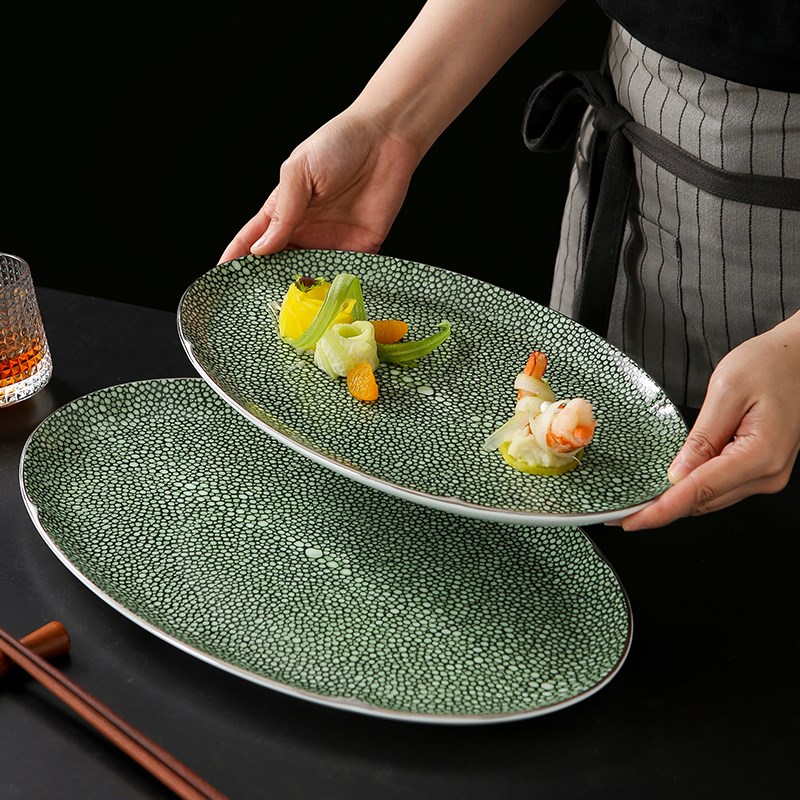 魔鬼纹《旦形如意平盘》陶瓷蒸鱼盘中式酒店陶瓷椭圆餐厅商用