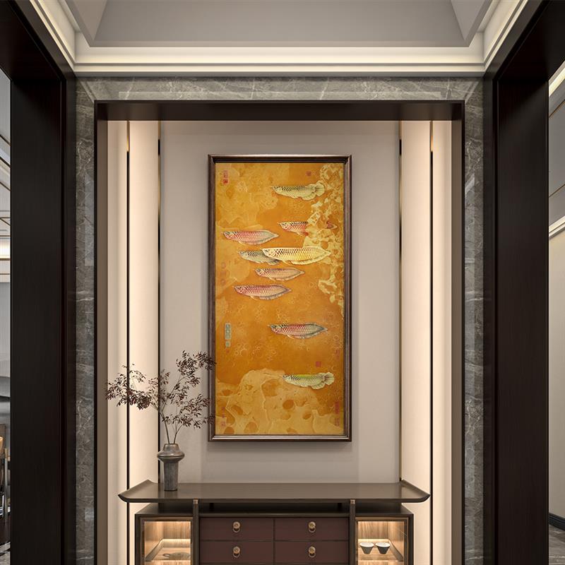 九鱼图铜雕玄关装饰画 中式风格客厅挂铜画 85*168cm黄铜画芯实木