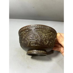 彷古大清干隆年制双龙戏珠招财聚宝碗客厅收藏浮雕家居古玩摆件
