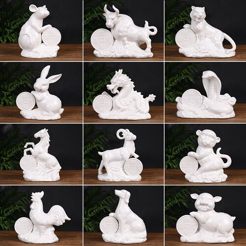 白瓷十二生肖工艺品办公桌摆件装饰陶瓷鼠牛虎兔龙蛇马羊猴鸡狗猪