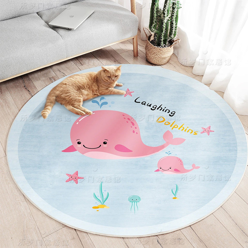 卡通蓝色海豚鲸鱼圆形地毯儿童房卧室床边书桌转椅吊篮帐篷垫加厚,居家布艺,地毯,淘宝优惠券,粉丝福利购,淘宝优惠卷