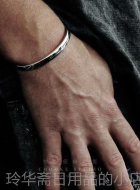 高档简约线条手镯999纯银欧潮流男士复美古开口情侣 字定制七夕刻