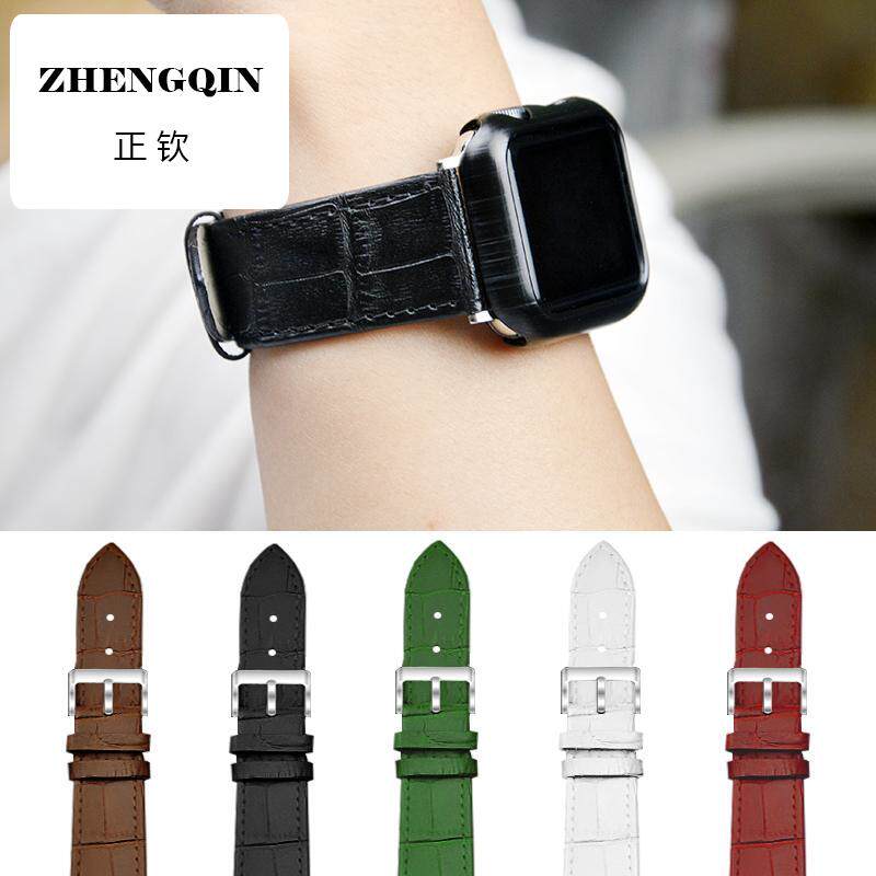 适用苹果手表iwatch6表带真皮apple watch5/4/3鳄鱼纹竹节宽表带