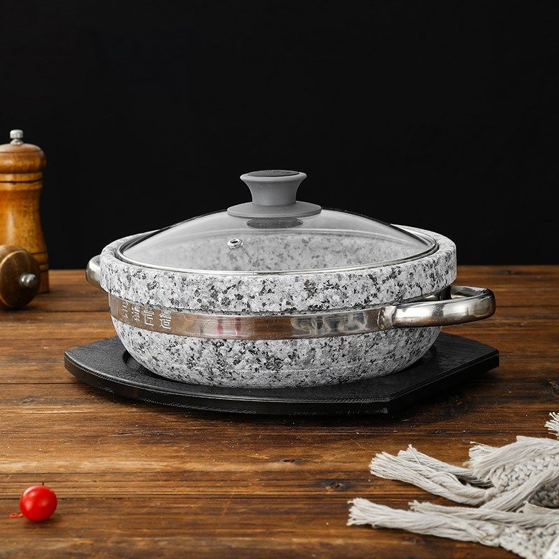 中式商用天然石锅鱼火锅石锅豆腐带盖韩式拌饭耐高温玻璃盖专用锅