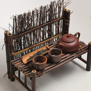 紫竹小篱笆屏风 竹编茶杯架子桌面茶台 围栏栅栏装饰摆件摄影背景