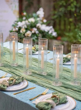 安全包装带支架防风筒玻璃烛台 飓风透明竖纹装饰酒店高级感烛台