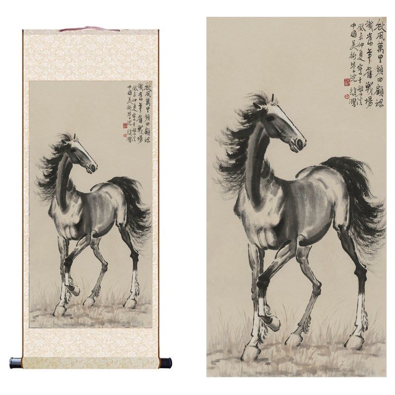 徐悲鸿立马图国画高清艺术微喷家居客厅办公室玄关书房装饰卷轴画,家居饰品,国画,淘宝优惠券,粉丝福利购,淘宝优惠卷