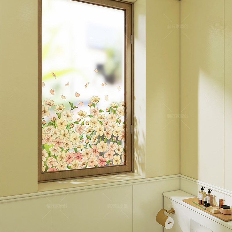 装万家小清新花卉装饰浴室窗户透光不透人磨砂膜防窥隔断玻璃门贴