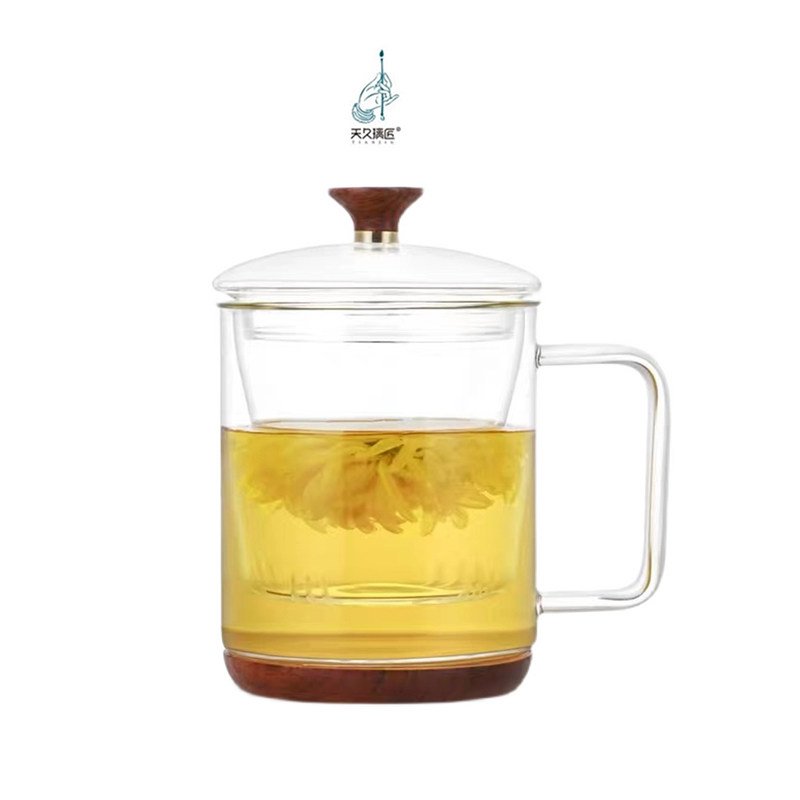 天久璃匠心加厚玻璃带过滤茶杯木底带把杯耐高温办公室用泡茶水杯
