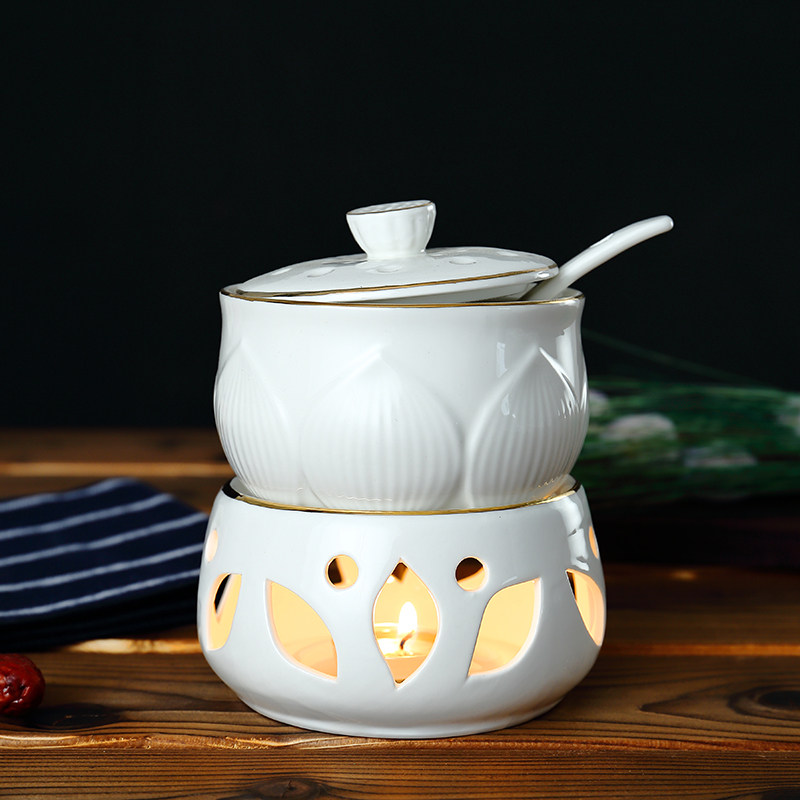 玉蝴蝶 高档描金陶瓷可加热炖盅酒店燕窝盅甜品鱼翅盅酒精加热炉