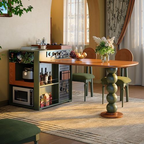 可伸缩岛台餐桌一体法式复古家用实木多功能小户型中古风餐桌