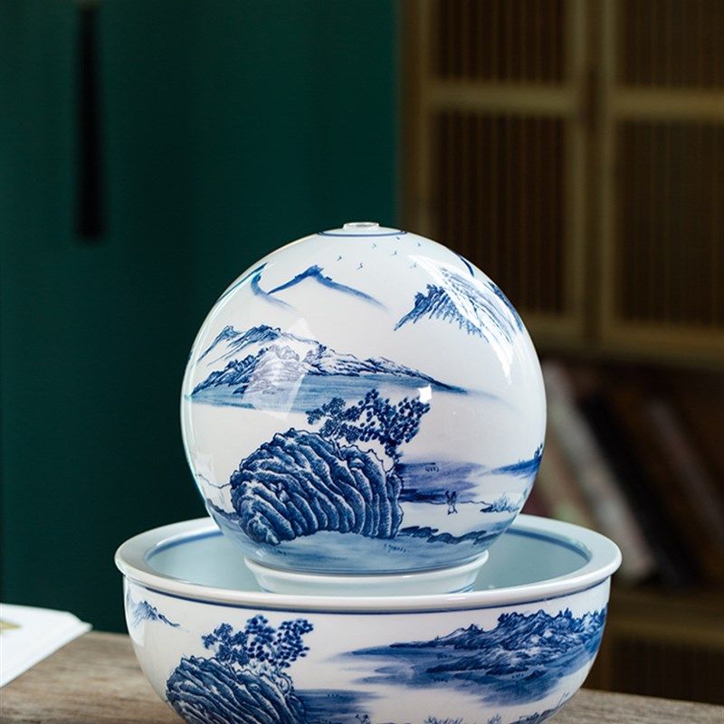 创意中式青花陶瓷流水器喷泉加湿摆件客厅桌面家居装饰开业礼品,家居饰品,流水摆件,淘宝优惠券,粉丝福利购,淘宝优惠卷