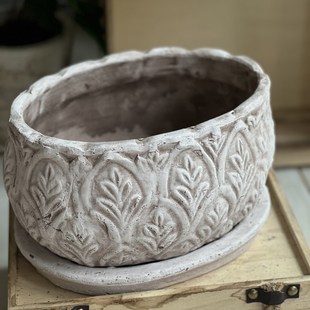欧式 陶艺花盆灰白色做旧陶器粗陶花盆陶盆椭圆矮扁口花盆透气 风格