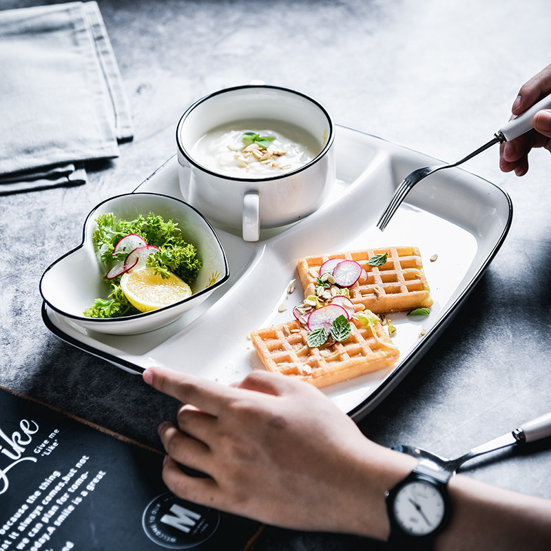 陶瓷分格餐盘儿童餐具早餐盘套装家用三格分隔盘西餐盘子学生饭盘