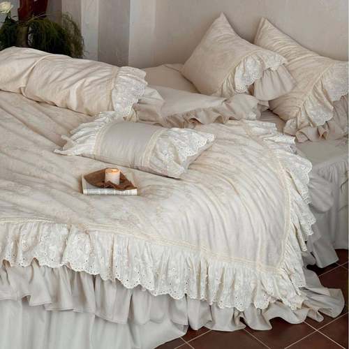 法式公主风全棉磨毛提花床裙款四件套蕾丝花边纯棉秋冬加厚被套