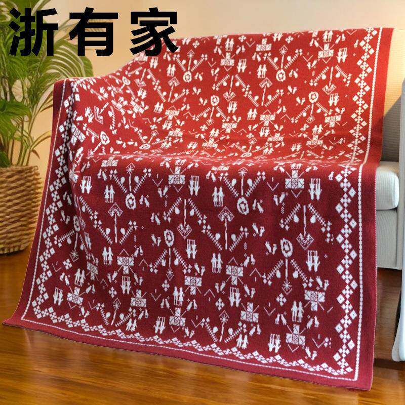 10037小雪人针织毯圣诞红色休闲线毯加厚针织雪人盖毯民宿装饰毯