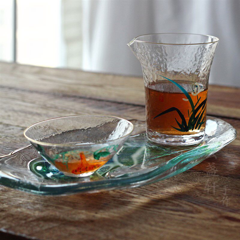 手绘玻璃公道杯品茗杯茶盏金边方公杯茶海锤纹分茶器功夫茶具茶碗