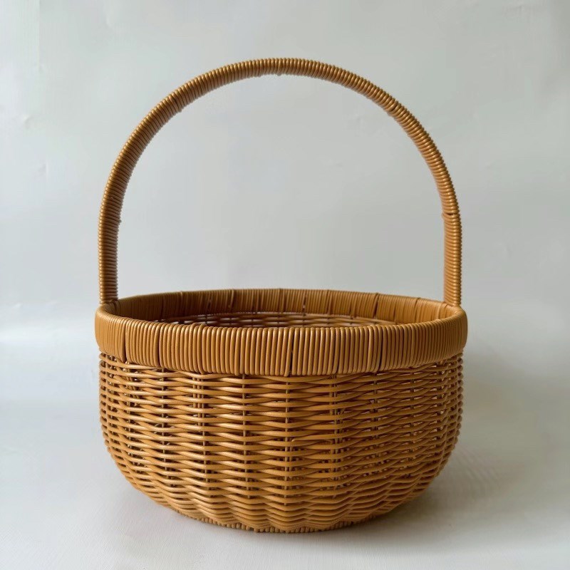 圆形手提篮买菜篮子鸡蛋筐手工编织铁框架水果蘑菇采摘篮买菜野餐