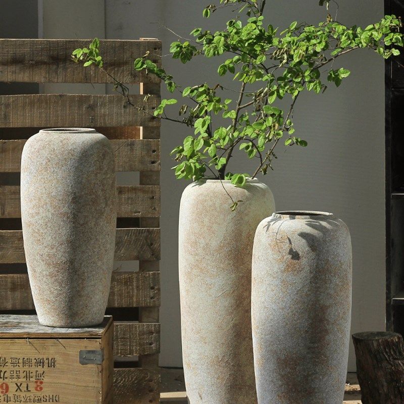 复古粗陶落地大花瓶侘寂风陶瓷摆件名宿客厅插花器高款陶罐装饰