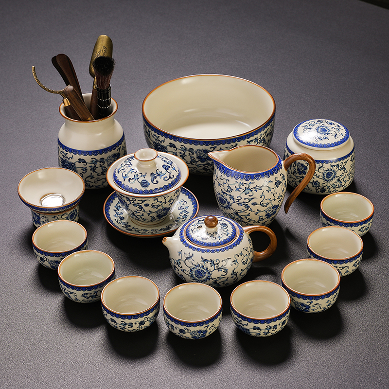 黄汝窑缠枝莲功夫茶具装202新款家用西施泡茶壶提梁壶盖碗整