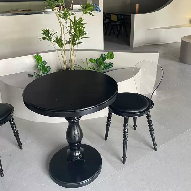 欧式复古小桌子木质小户型茶几单脚咖啡桌甜品店法式圆桌餐桌黑色