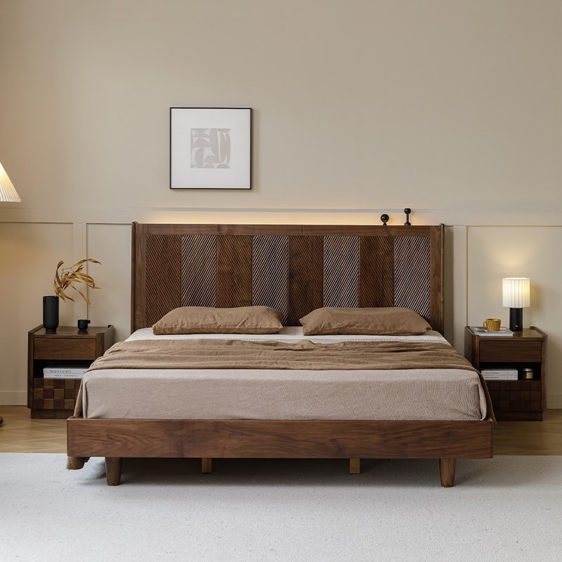 北美黑胡桃木床全实木雕刻高靠背复古主卧1.8米双人床中古原木床