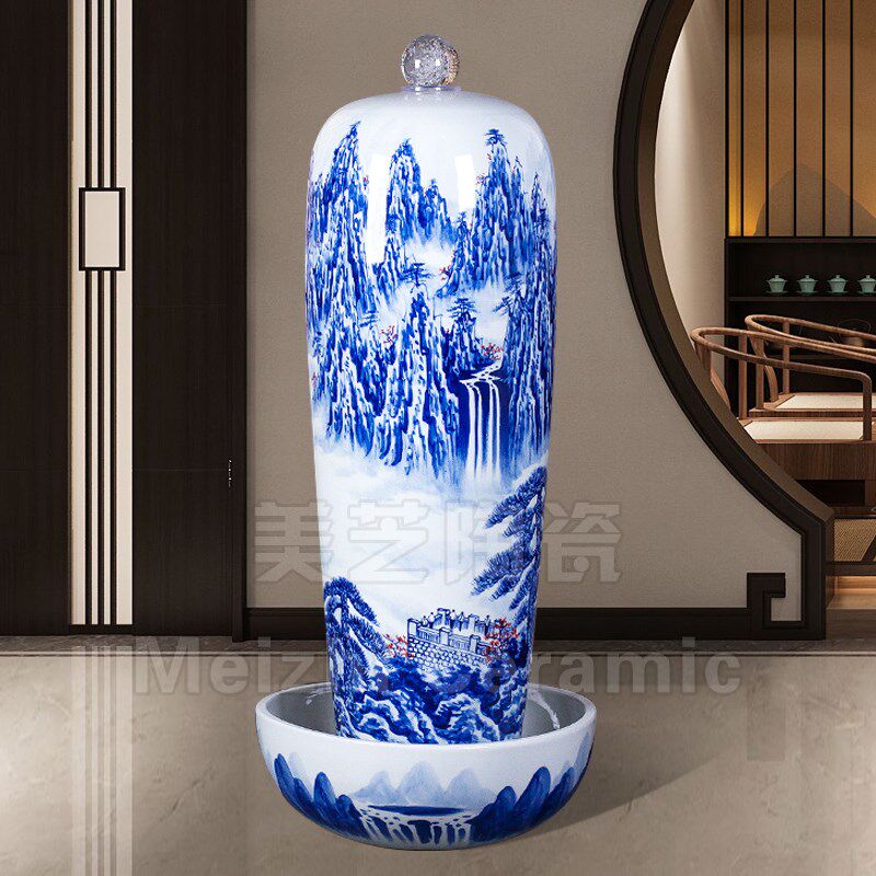 室内高端流水摆件家居乔迁水景坛子青花瓷落地花瓶加湿器喷泉陶罐
